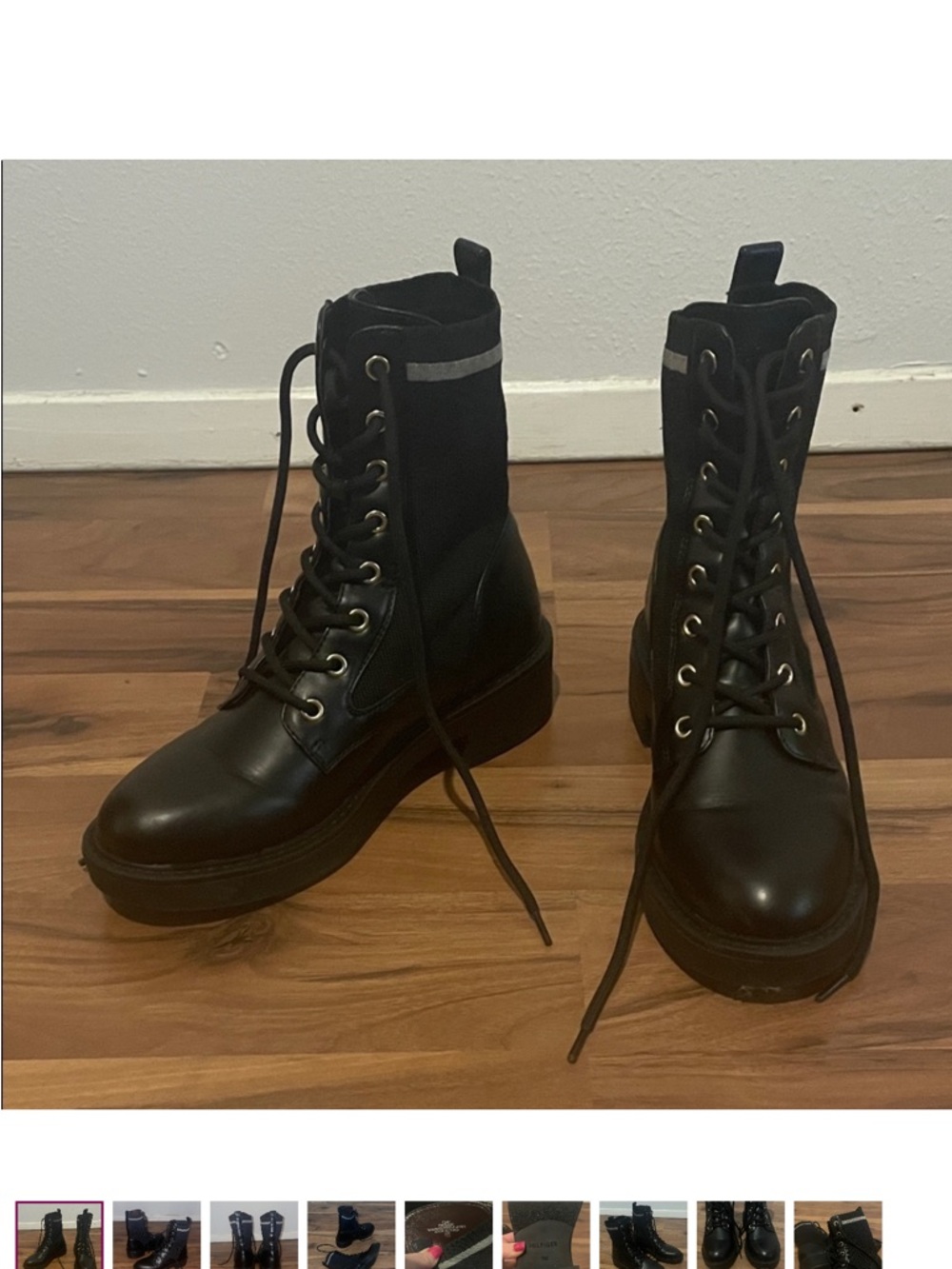Tommy Hilfiger size 7.5 Black Leather Lace-Up Combat Moto Boots Like New - Picture 2 of 6